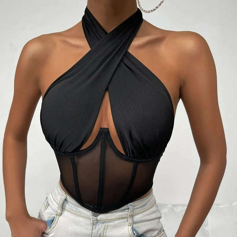 wsevypo Sexy Cross Halter Corset Bustier Mesh Bone Tank Tops Women Tie Up Wrap Tube Tops Backless Slim Fit Cut Out Front Tops - KIMLUD