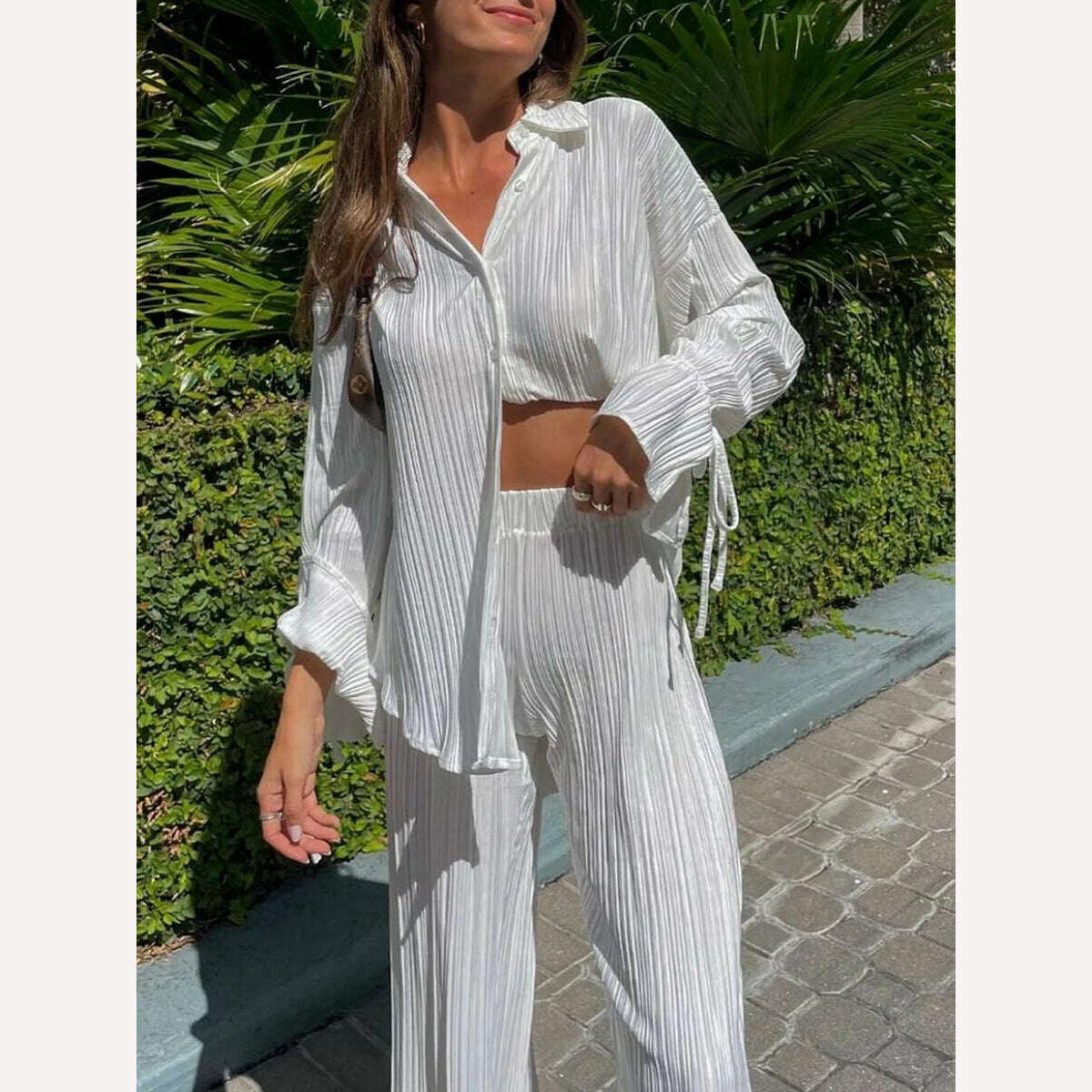 wsevypo Women Two-piece Pleated Pants Suits Casual Chic Solid Color Long Sleeve Button down Shirts and Straight Leg Trousers Set - KIMLUD