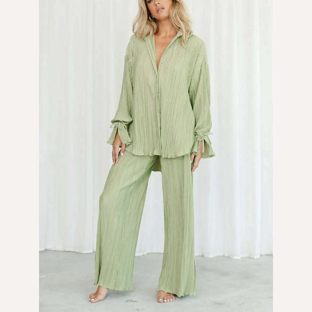 wsevypo Women Two-piece Pleated Pants Suits Casual Chic Solid Color Long Sleeve Button down Shirts and Straight Leg Trousers Set - KIMLUD