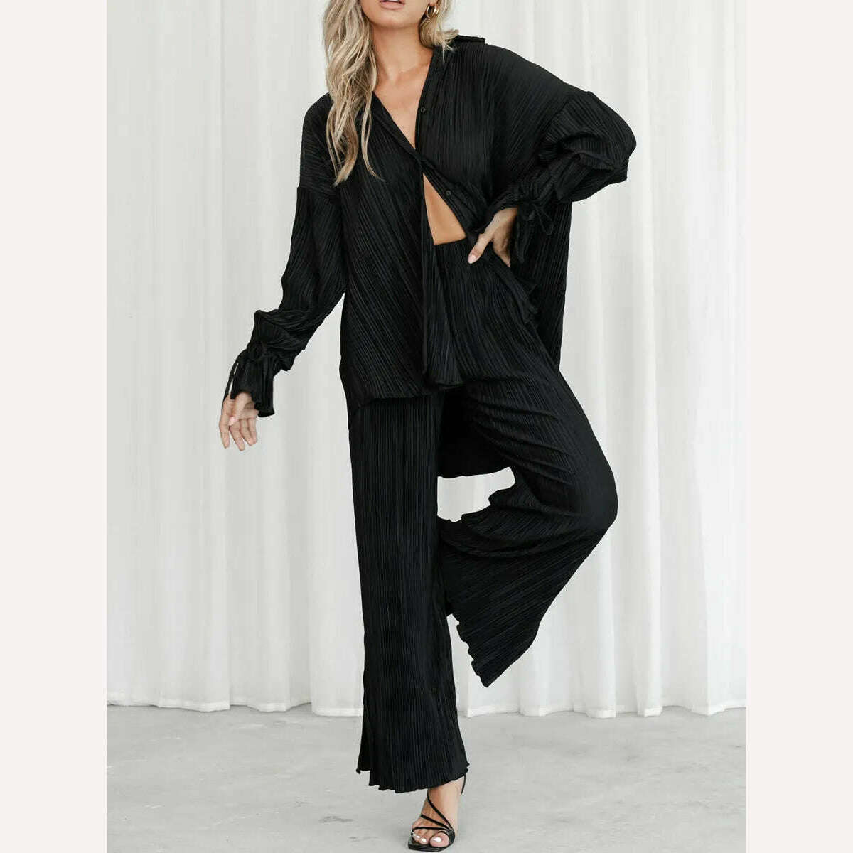 wsevypo Women Two-piece Pleated Pants Suits Casual Chic Solid Color Long Sleeve Button down Shirts and Straight Leg Trousers Set - KIMLUD