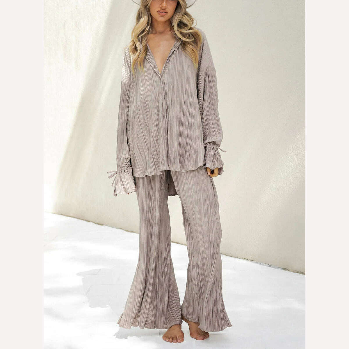 wsevypo Women Two-piece Pleated Pants Suits Casual Chic Solid Color Long Sleeve Button down Shirts and Straight Leg Trousers Set - KIMLUD