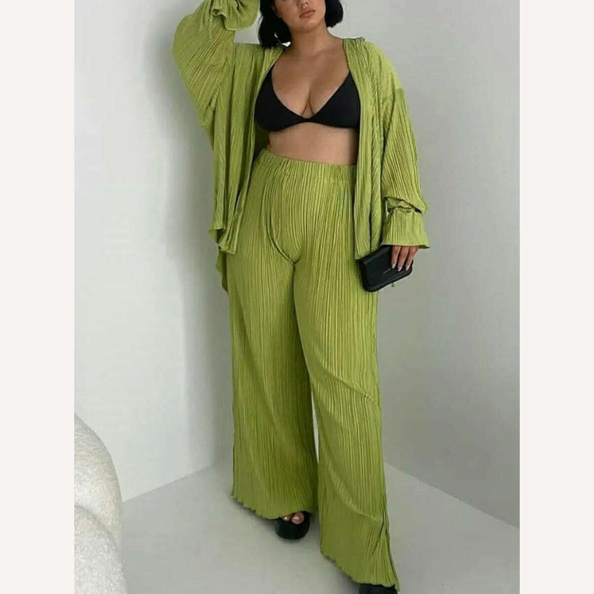 KIMLUD, wsevypo Women Two-piece Pleated Pants Suits Casual Chic Solid Color Long Sleeve Button down Shirts and Straight Leg Trousers Set, Green / M, KIMLUD APPAREL - Womens Clothes