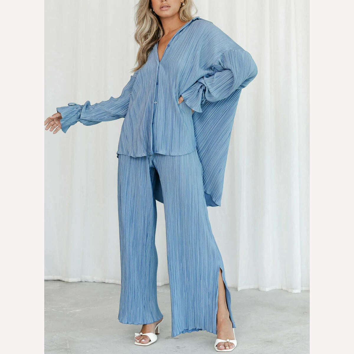 wsevypo Women Two-piece Pleated Pants Suits Casual Chic Solid Color Long Sleeve Button down Shirts and Straight Leg Trousers Set - KIMLUD