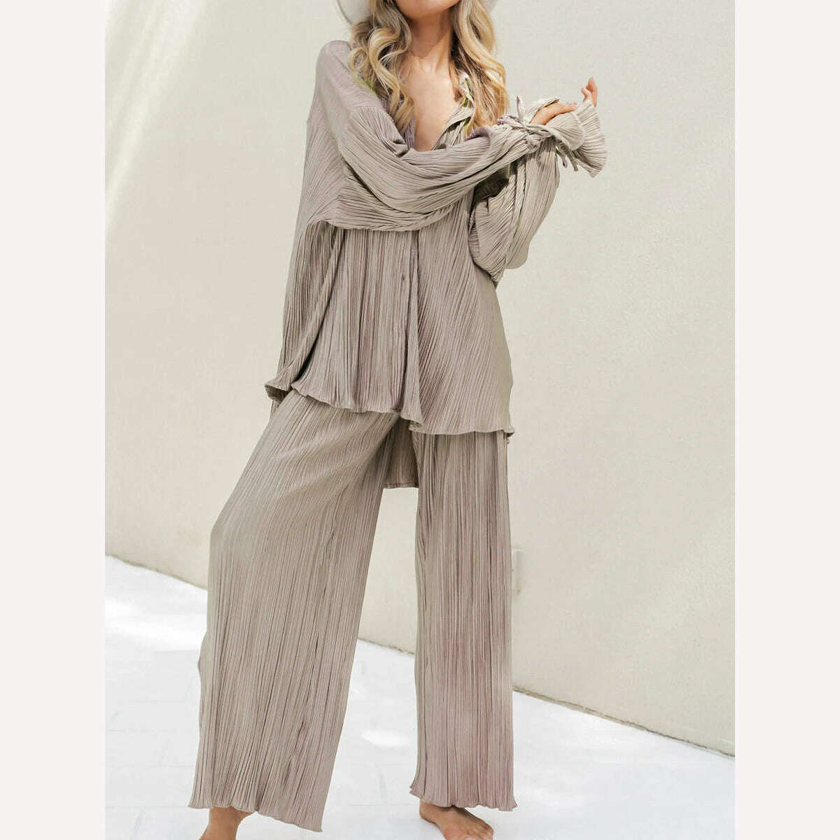 wsevypo Women Two-piece Pleated Pants Suits Casual Chic Solid Color Long Sleeve Button down Shirts and Straight Leg Trousers Set - KIMLUD