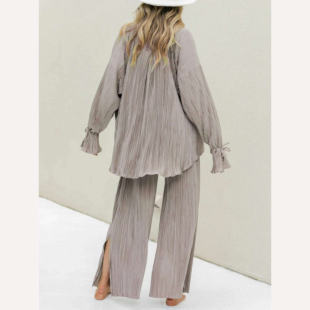 wsevypo Women Two-piece Pleated Pants Suits Casual Chic Solid Color Long Sleeve Button down Shirts and Straight Leg Trousers Set - KIMLUD