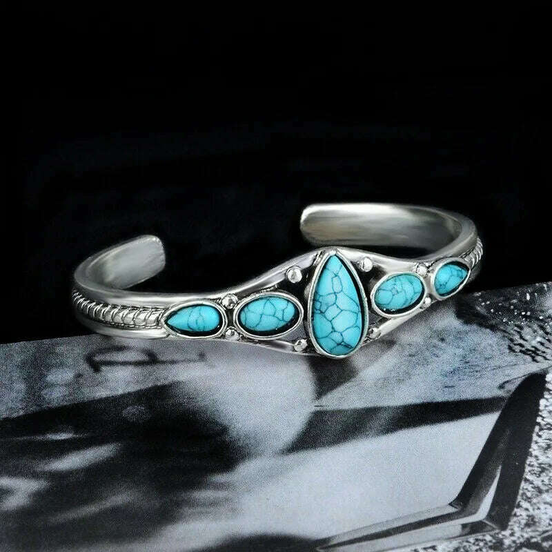 Wu's 2022 New European and American Bohemian Style Retro Turquoise Carved Hollow Geometric Bracelet Opening Adjustable Bracelet - KIMLUD