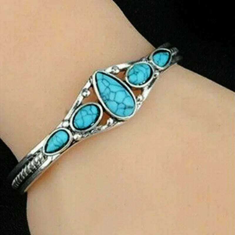 Wu's 2022 New European and American Bohemian Style Retro Turquoise Carved Hollow Geometric Bracelet Opening Adjustable Bracelet - KIMLUD