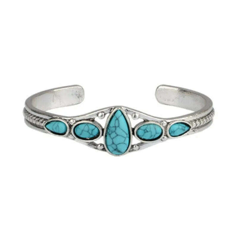 Wu's 2022 New European and American Bohemian Style Retro Turquoise Carved Hollow Geometric Bracelet Opening Adjustable Bracelet - KIMLUD