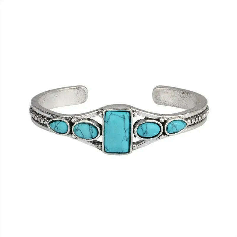 Wu's 2022 New European and American Bohemian Style Retro Turquoise Carved Hollow Geometric Bracelet Opening Adjustable Bracelet - KIMLUD