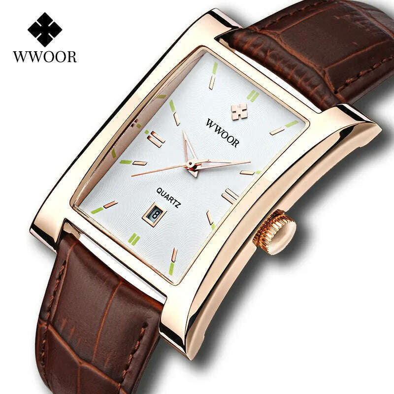 WWOOR Brand Classic Fashion Mens Rectangle Watches Male Gold Brown Leather Quartz Waterproof Wrist Watch For Men Calendar Clocks - KIMLUD