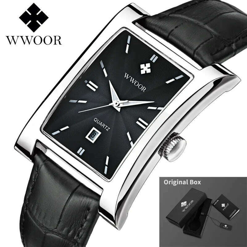 WWOOR Brand Classic Fashion Mens Rectangle Watches Male Gold Brown Leather Quartz Waterproof Wrist Watch For Men Calendar Clocks - KIMLUD