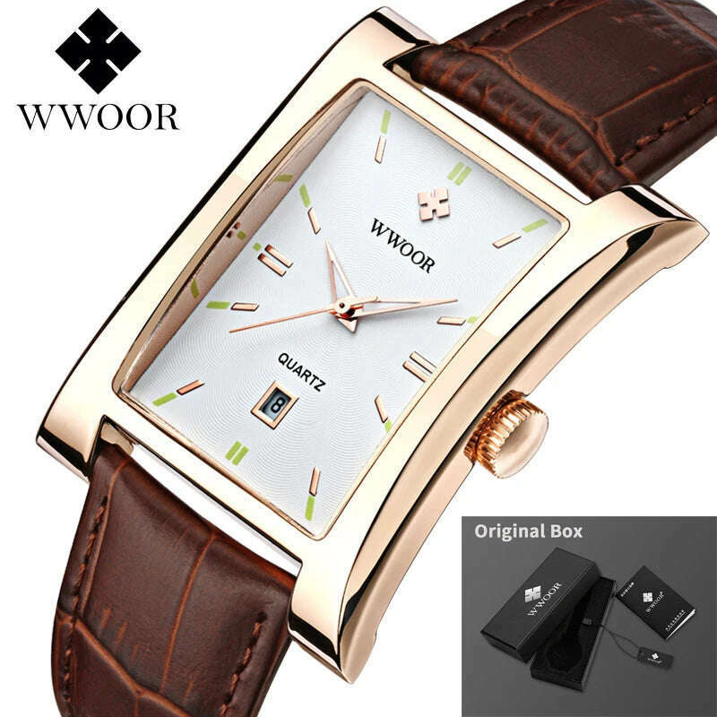 WWOOR Brand Classic Fashion Mens Rectangle Watches Male Gold Brown Leather Quartz Waterproof Wrist Watch For Men Calendar Clocks - KIMLUD