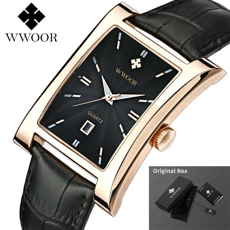 KIMLUD, WWOOR Brand Classic Fashion Mens Rectangle Watches Male Gold Brown Leather Quartz Waterproof Wrist Watch For Men Calendar Clocks, Gold Black, KIMLUD APPAREL - Womens Clothes