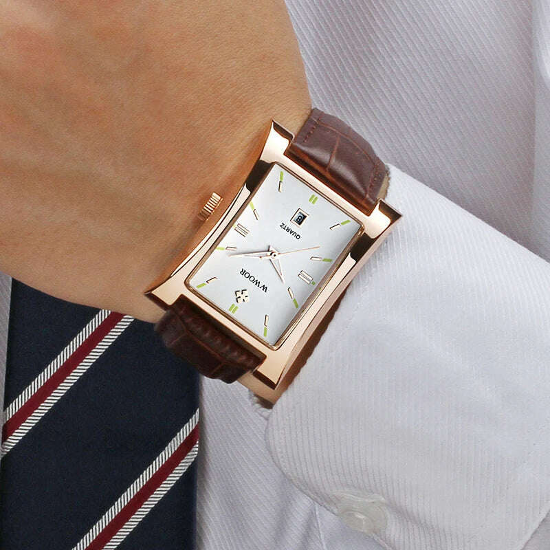 WWOOR Brand Classic Fashion Mens Rectangle Watches Male Gold Brown Leather Quartz Waterproof Wrist Watch For Men Calendar Clocks - KIMLUD