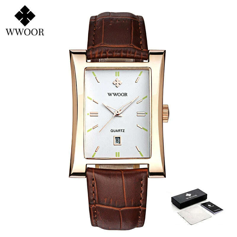 WWOOR Brand Classic Fashion Mens Rectangle Watches Male Gold Brown Leather Quartz Waterproof Wrist Watch For Men Calendar Clocks - KIMLUD