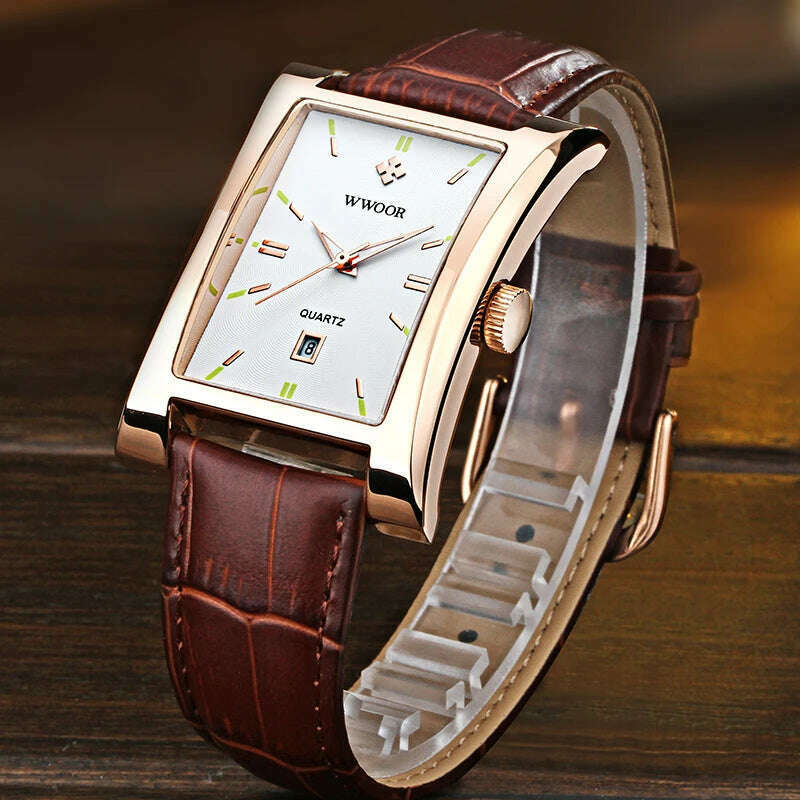 WWOOR Brand Classic Fashion Mens Rectangle Watches Male Gold Brown Leather Quartz Waterproof Wrist Watch For Men Calendar Clocks - KIMLUD