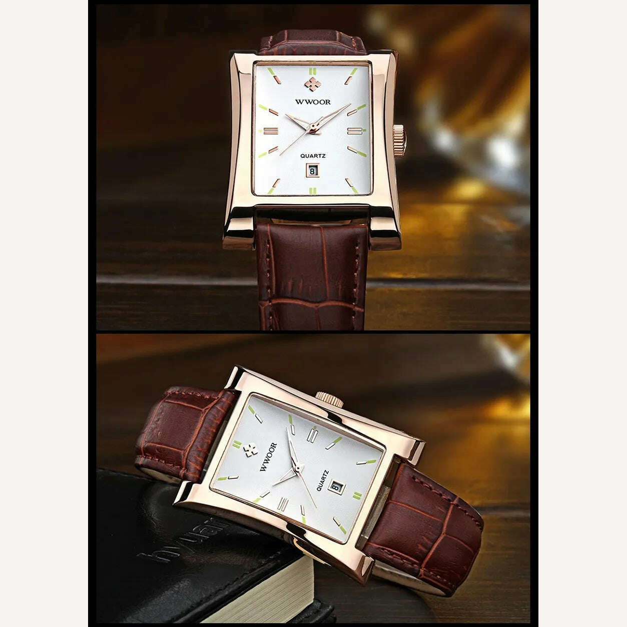 WWOOR Brand Classic Fashion Mens Rectangle Watches Male Gold Brown Leather Quartz Waterproof Wrist Watch For Men Calendar Clocks - KIMLUD