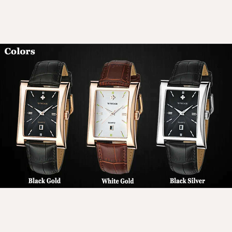 WWOOR Brand Classic Fashion Mens Rectangle Watches Male Gold Brown Leather Quartz Waterproof Wrist Watch For Men Calendar Clocks - KIMLUD