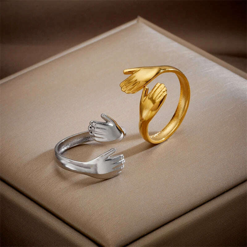 XIYANIKE 316L Stainless Steel Rings Hands Hug Opening for Woman Couple Simple Creative Trendy Design Punk Gifts Birthday Jewelry - KIMLUD