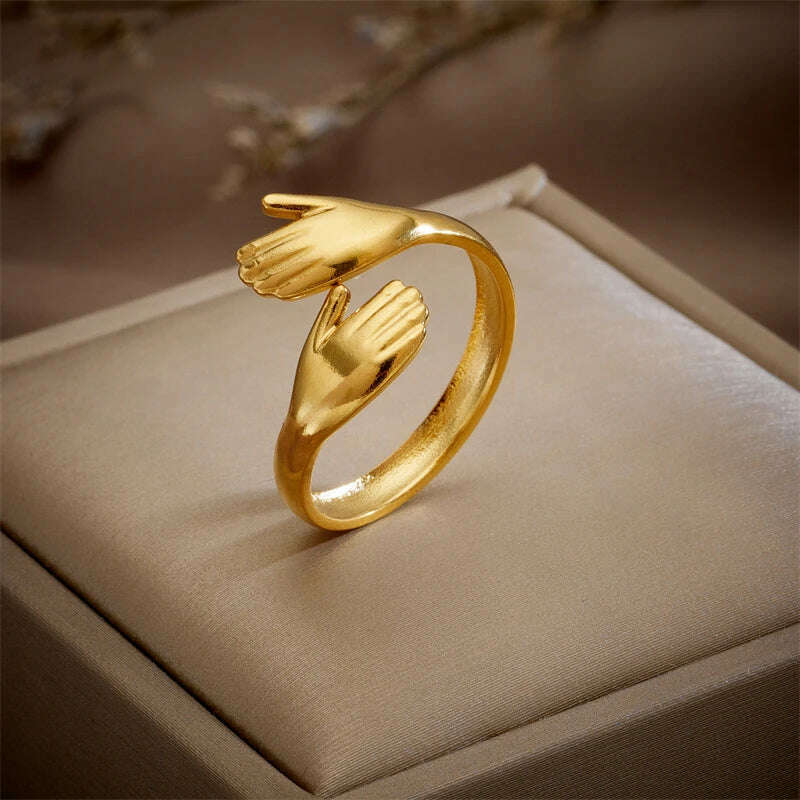 XIYANIKE 316L Stainless Steel Rings Hands Hug Opening for Woman Couple Simple Creative Trendy Design Punk Gifts Birthday Jewelry - KIMLUD