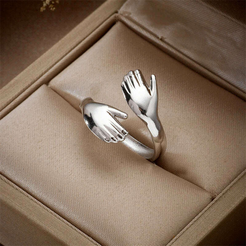 KIMLUD, XIYANIKE 316L Stainless Steel Rings Hands Hug Opening for Woman Couple Simple Creative Trendy Design Punk Gifts Birthday Jewelry, R378, KIMLUD APPAREL - Womens Clothes