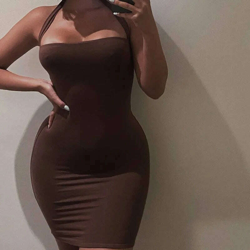 KIMLUD, Y2k Aesthetic Sexy Halter Backless Dress 2021 Summer Women Brown White Off Shoulder Sleeveless Party Club Bodycon Mini Dresses, KIMLUD Womens Clothes