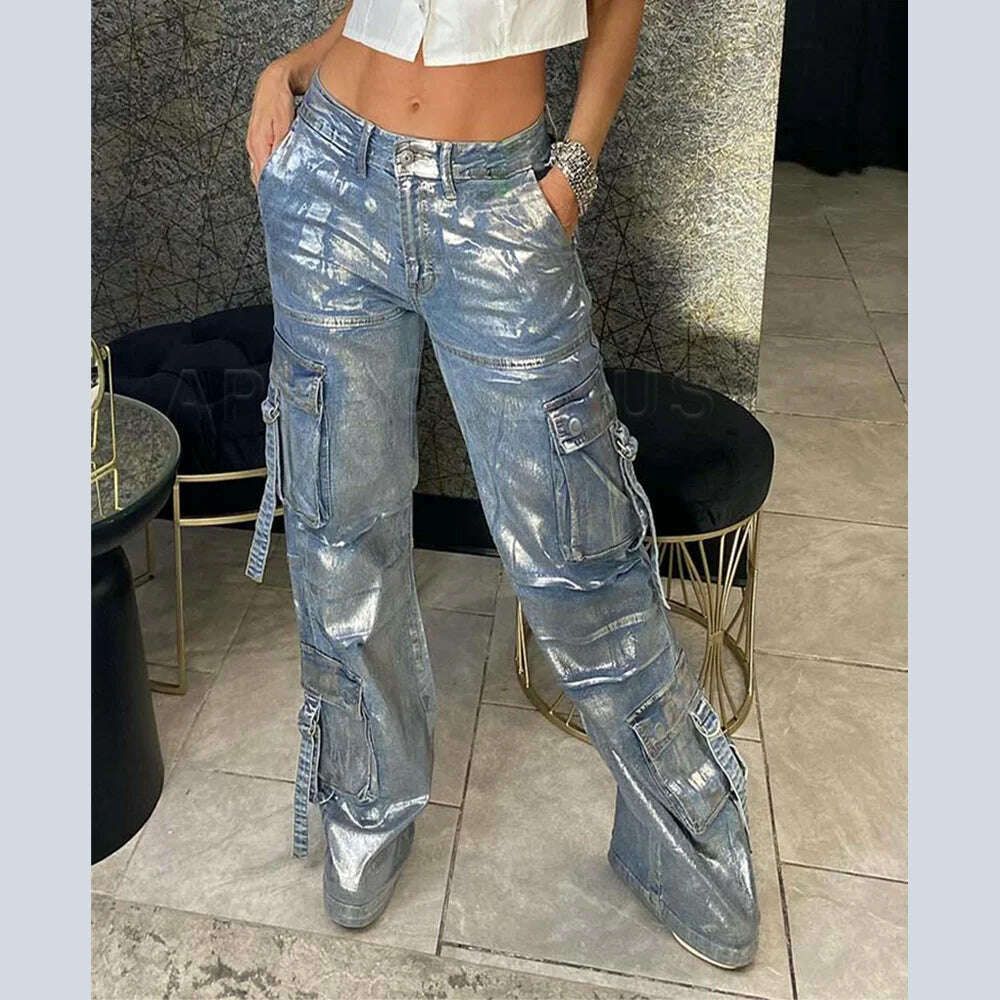 KIMLUD, y2k Straight Pockets Hip Hop Trousers High Waist Jeans Women Fashion Silver Shiny Print Loose Wide Leg Denim Pants Streetwear, KIMLUD Womens Clothes