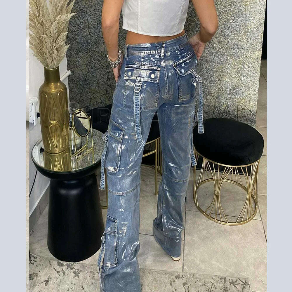 KIMLUD, y2k Straight Pockets Hip Hop Trousers High Waist Jeans Women Fashion Silver Shiny Print Loose Wide Leg Denim Pants Streetwear, KIMLUD Womens Clothes