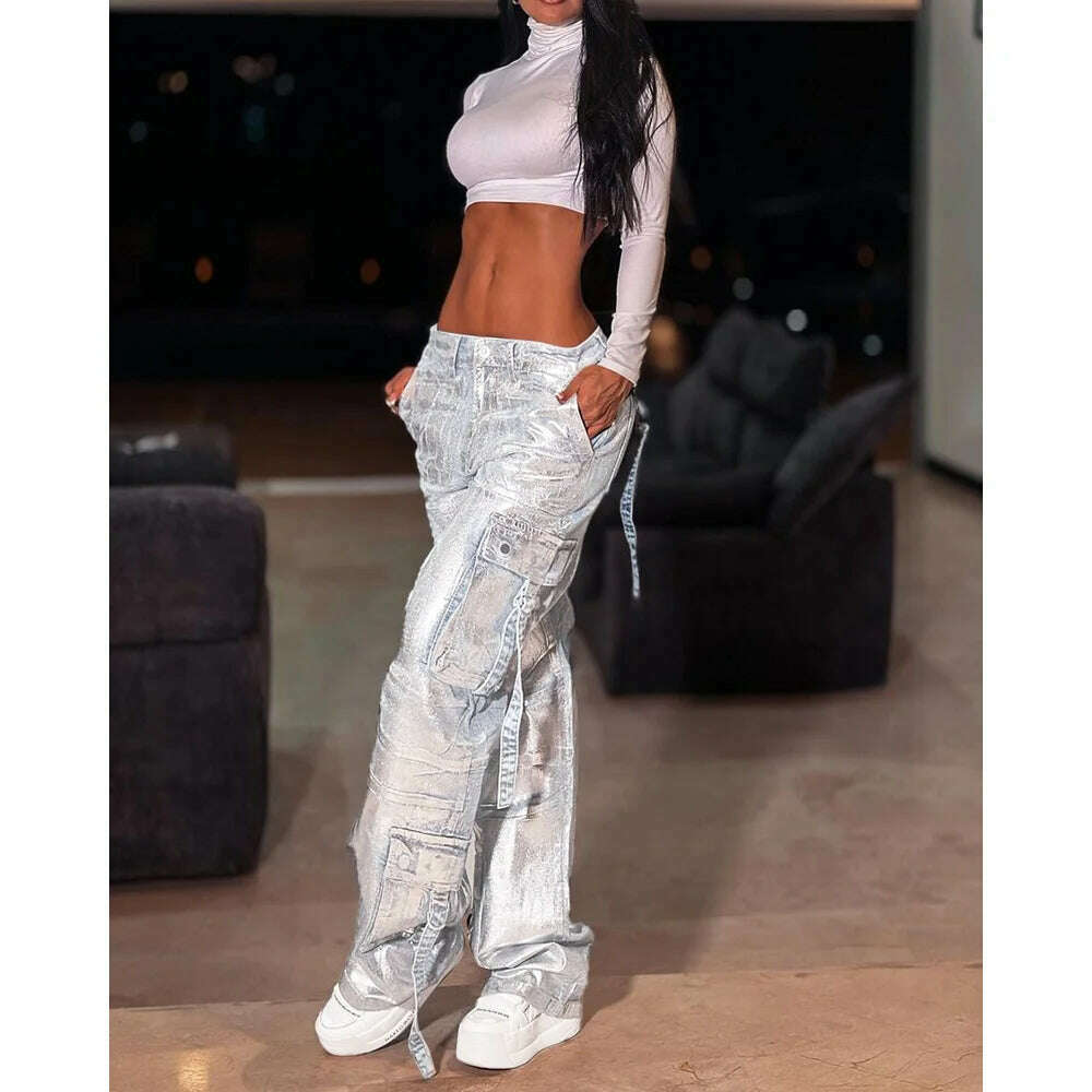 KIMLUD, y2k Straight Pockets Hip Hop Trousers High Waist Jeans Women Fashion Silver Shiny Print Loose Wide Leg Denim Pants Streetwear, Silver / XL, KIMLUD APPAREL - Womens Clothes