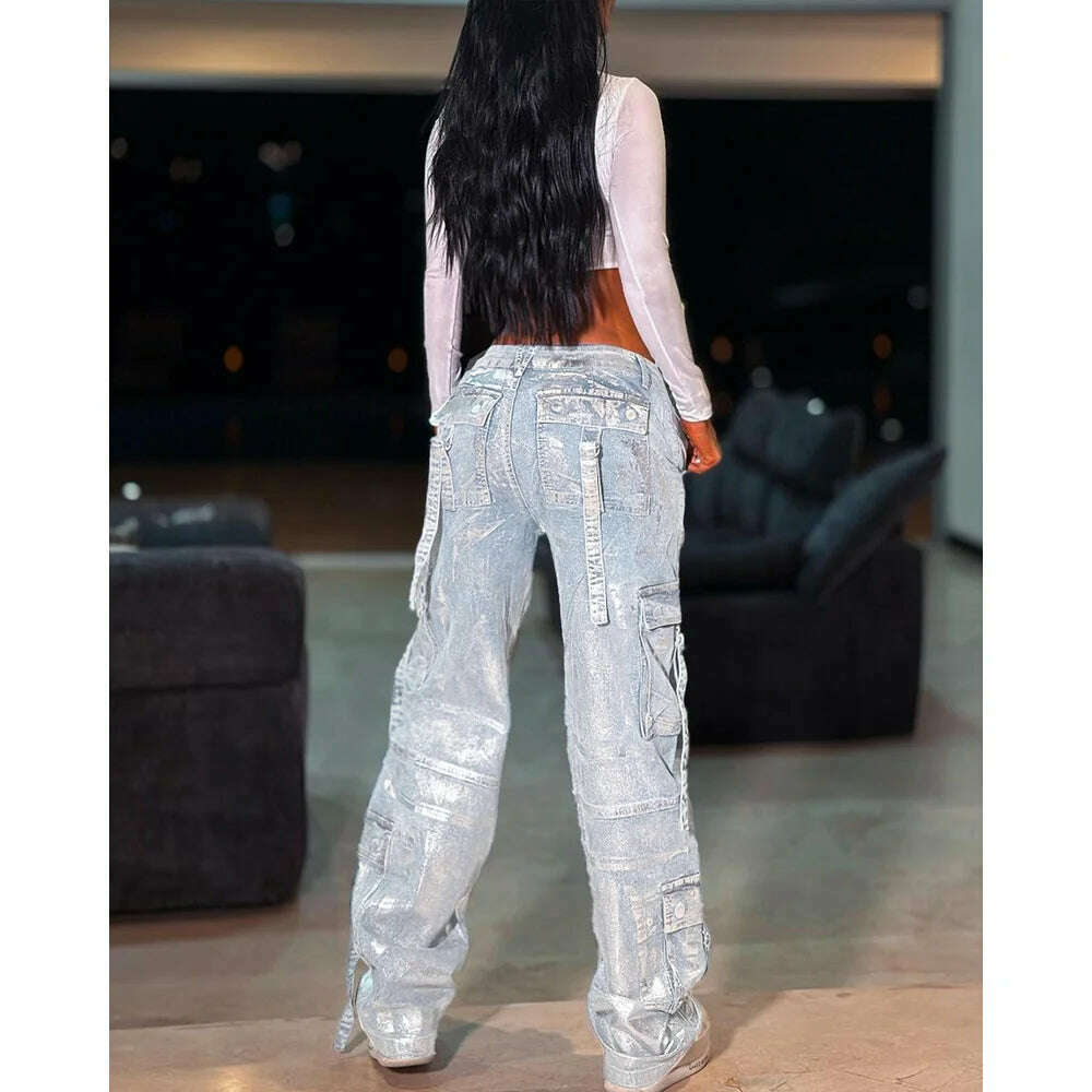 KIMLUD, y2k Straight Pockets Hip Hop Trousers High Waist Jeans Women Fashion Silver Shiny Print Loose Wide Leg Denim Pants Streetwear, KIMLUD Womens Clothes