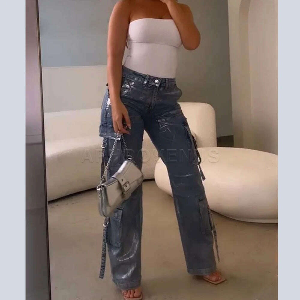 KIMLUD, y2k Straight Pockets Hip Hop Trousers High Waist Jeans Women Fashion Silver Shiny Print Loose Wide Leg Denim Pants Streetwear, Blue / XL, KIMLUD APPAREL - Womens Clothes