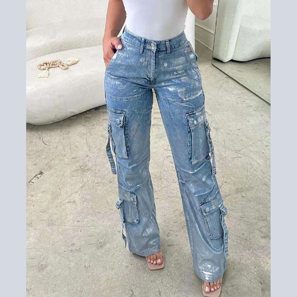 KIMLUD, y2k Straight Pockets Hip Hop Trousers High Waist Jeans Women Fashion Silver Shiny Print Loose Wide Leg Denim Pants Streetwear, KIMLUD Womens Clothes