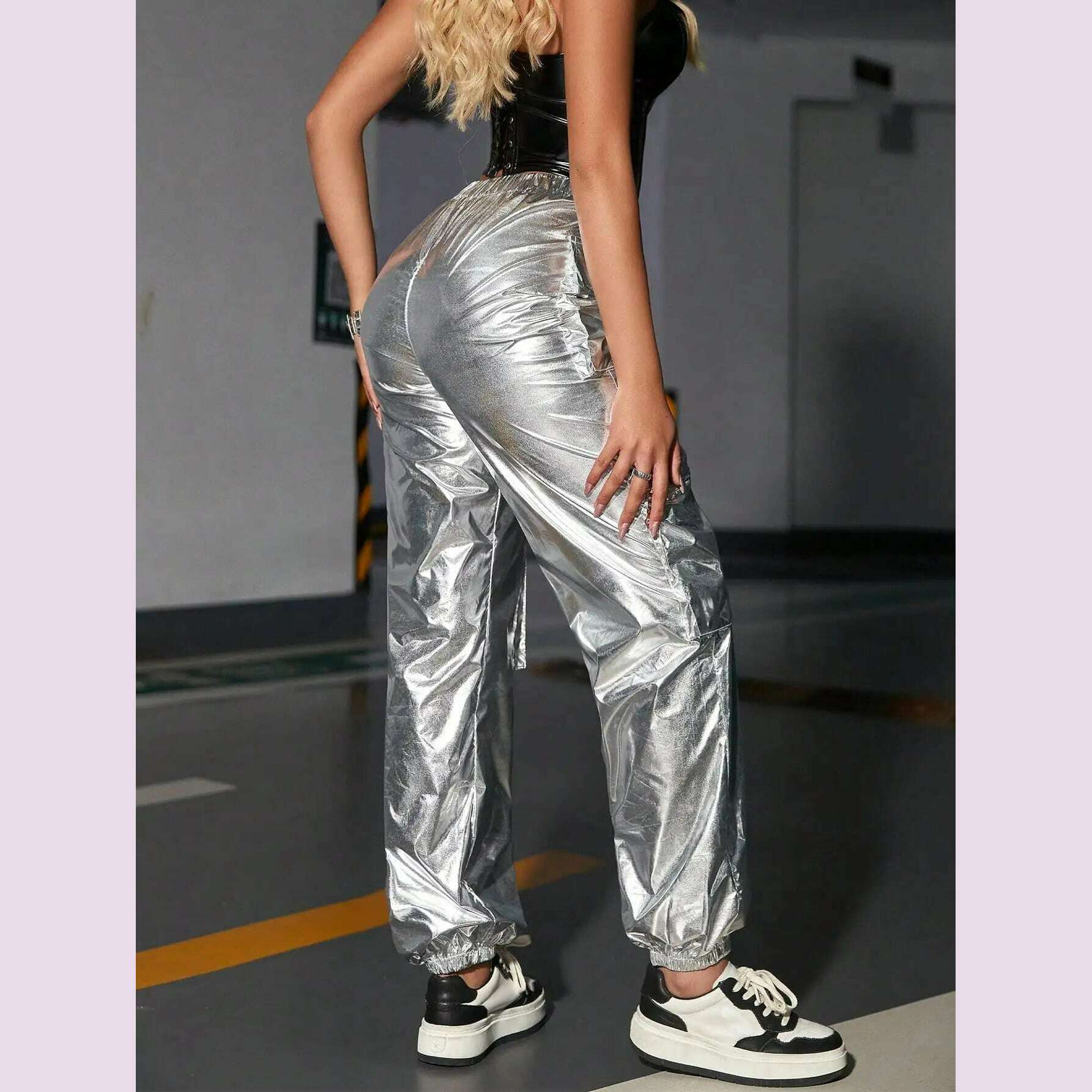 KIMLUD, Y2K Street Metallic Silver V High Waist Zipper Detail Patched Flap Pocket Hip Hop Cargo Jogger Pants Daily Comfy Trousers, KIMLUD Womens Clothes