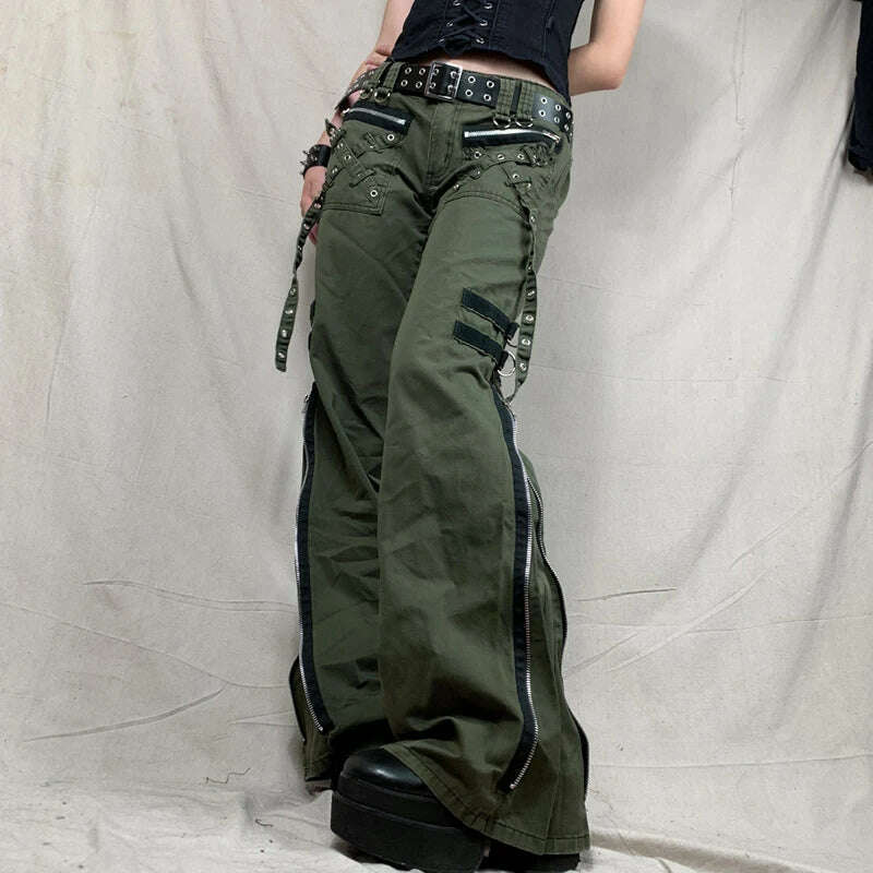 KIMLUD, Y2k Women Green Zipper Jeans Grunge Punk Gothic Baggy Retro Bandage Long Pants Low Rise Cargo Korean Female Sweatpants, Green / S, KIMLUD APPAREL - Womens Clothes