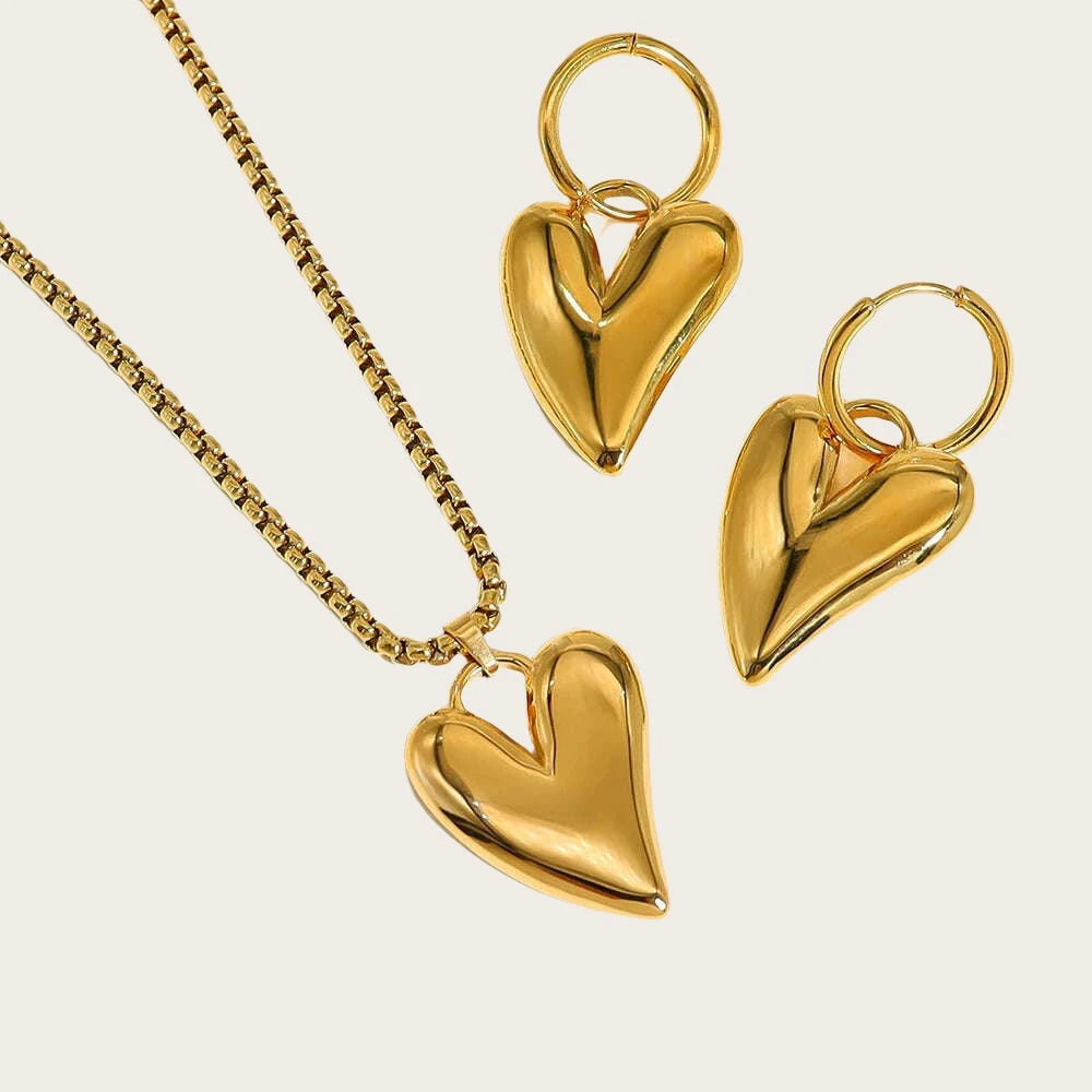 KIMLUD, YACHAN 18K Gold Plated Stainless Steel Irregular Heart Necklace Earrings for Women Glossy Chic Waterproof Jewelry Set, KIMLUD Womens Clothes