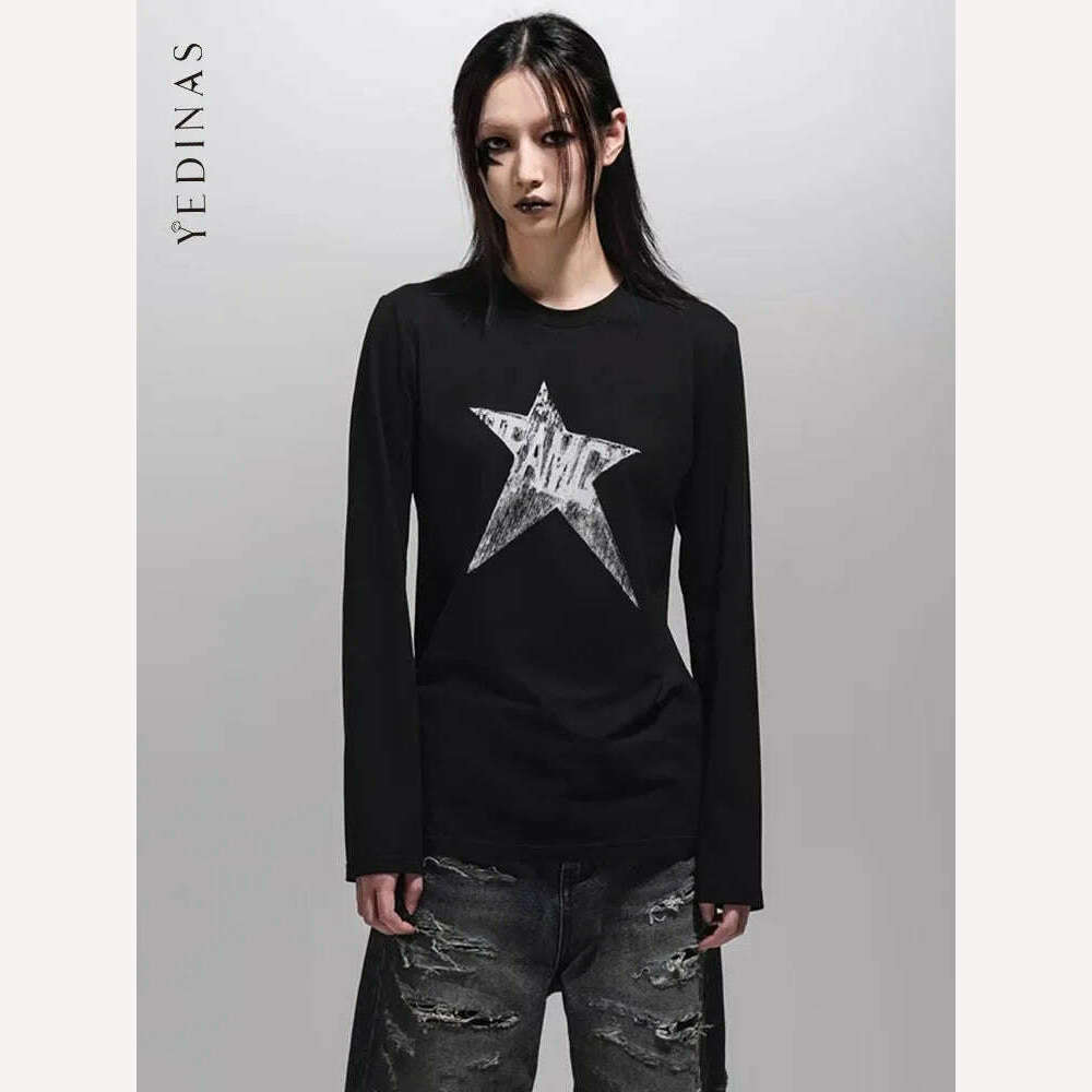Yedinas American Retro Print Star Graphic Tees Long Sleeve T Shirt Women Tops Autumn 2023 Korean Fashion Y2k Vintage Slim Tees - KIMLUD