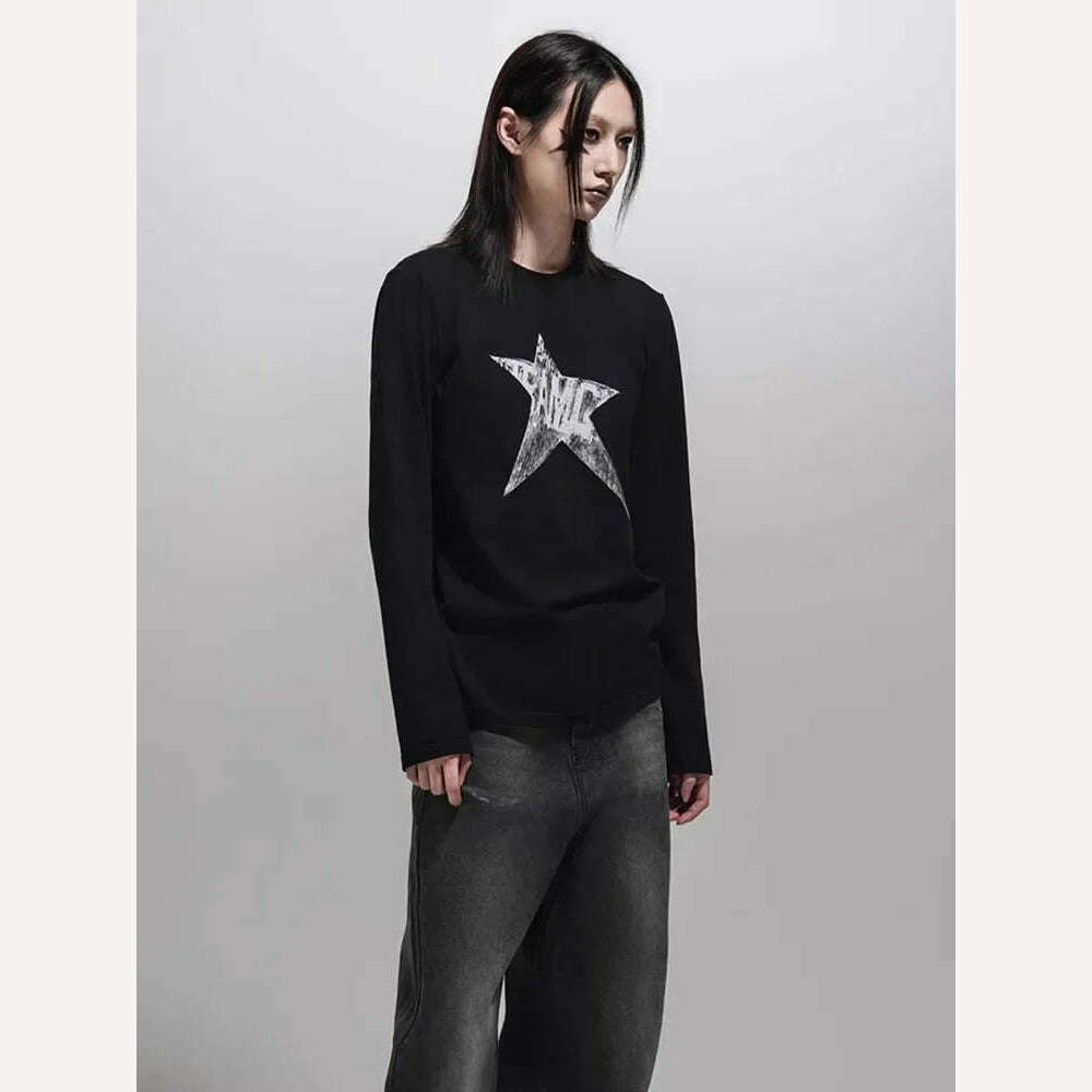 Yedinas American Retro Print Star Graphic Tees Long Sleeve T Shirt Women Tops Autumn 2023 Korean Fashion Y2k Vintage Slim Tees - KIMLUD