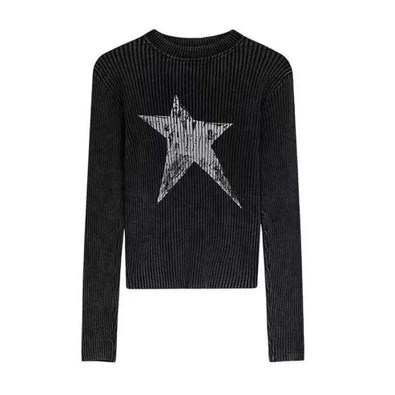 Yedinas American Retro Print Star Graphic Tees Long Sleeve T Shirt Women Tops Autumn 2023 Korean Fashion Y2k Vintage Slim Tees - KIMLUD