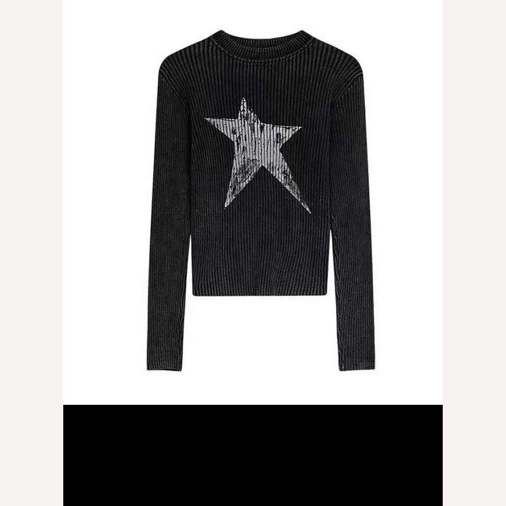 Yedinas American Retro Print Star Graphic Tees Long Sleeve T Shirt Women Tops Autumn 2023 Korean Fashion Y2k Vintage Slim Tees - KIMLUD
