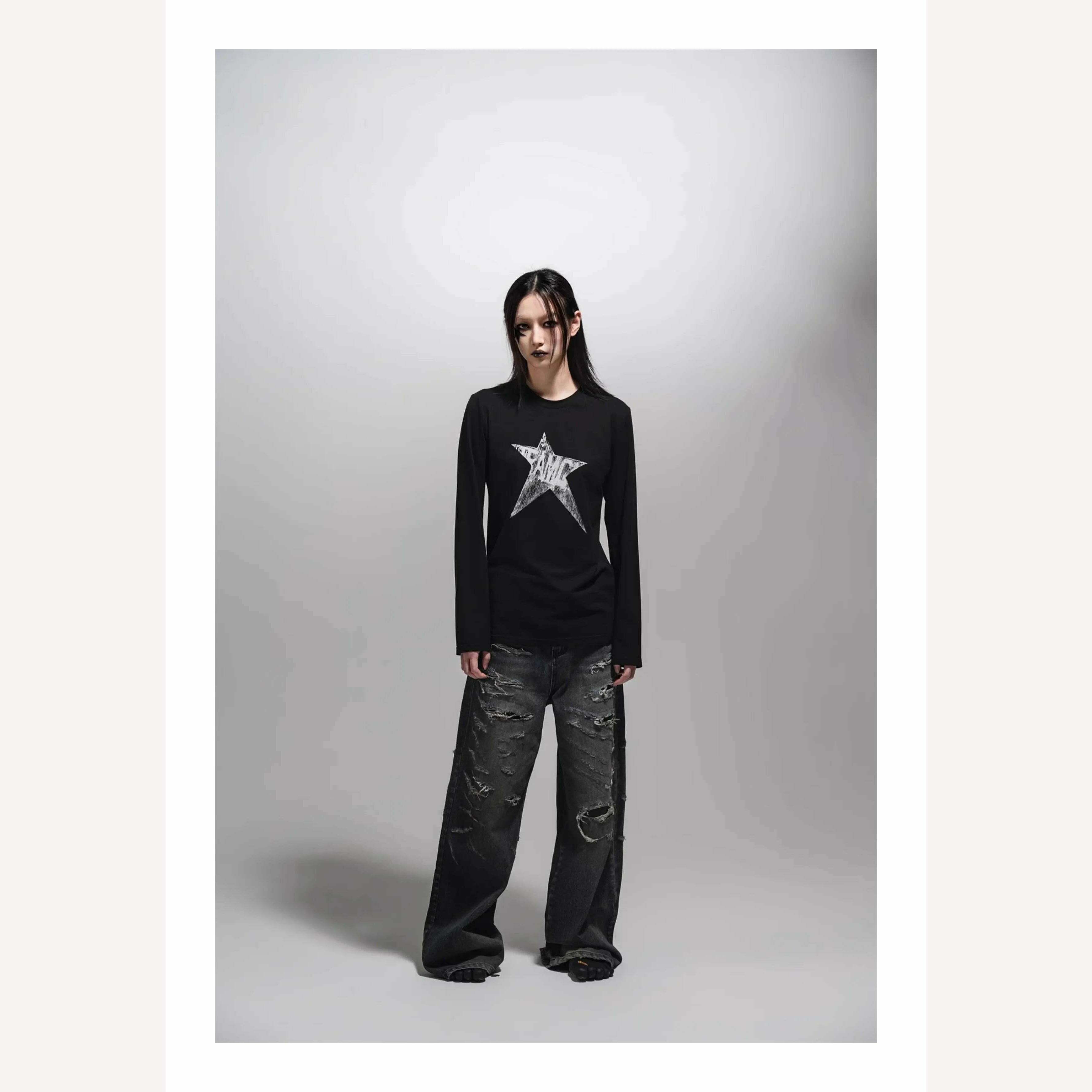 Yedinas American Retro Print Star Graphic Tees Long Sleeve T Shirt Women Tops Autumn 2023 Korean Fashion Y2k Vintage Slim Tees - KIMLUD