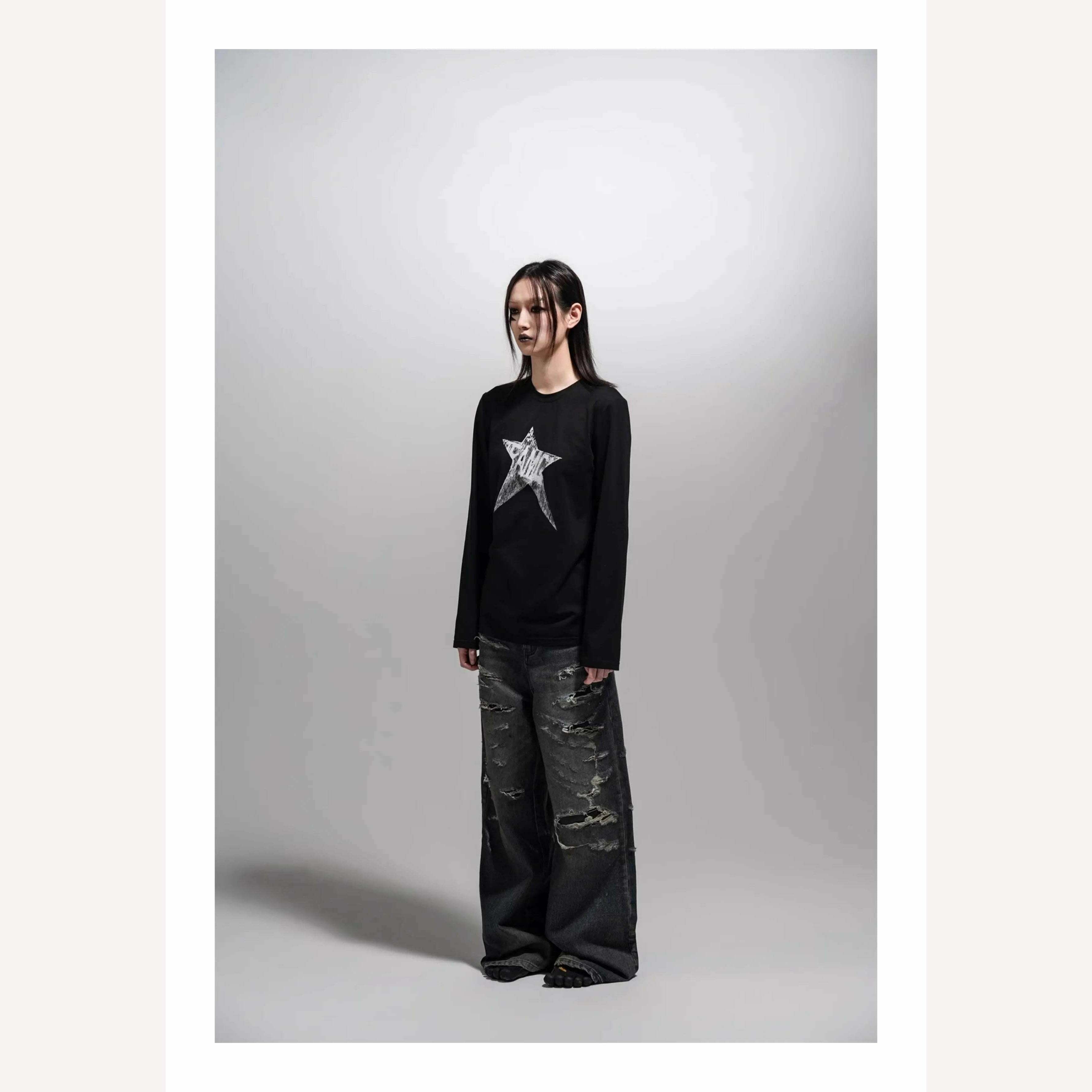 Yedinas American Retro Print Star Graphic Tees Long Sleeve T Shirt Women Tops Autumn 2023 Korean Fashion Y2k Vintage Slim Tees - KIMLUD