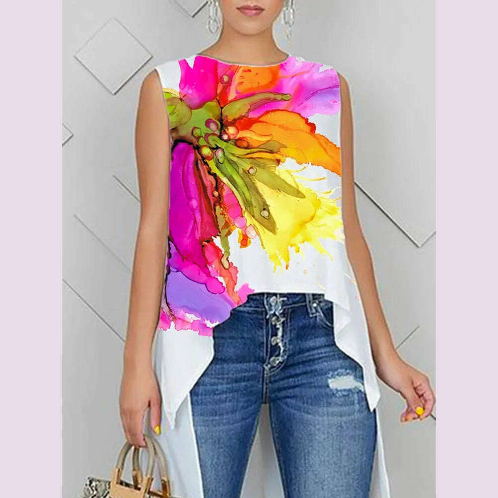 KIMLUD, Yeezzi 2024 New Arrivals Women Korean Fashion Floral Printed T-Shirt Summer Sleeveless Loose High-Low Casual Vest Tops, KIMLUD Womens Clothes