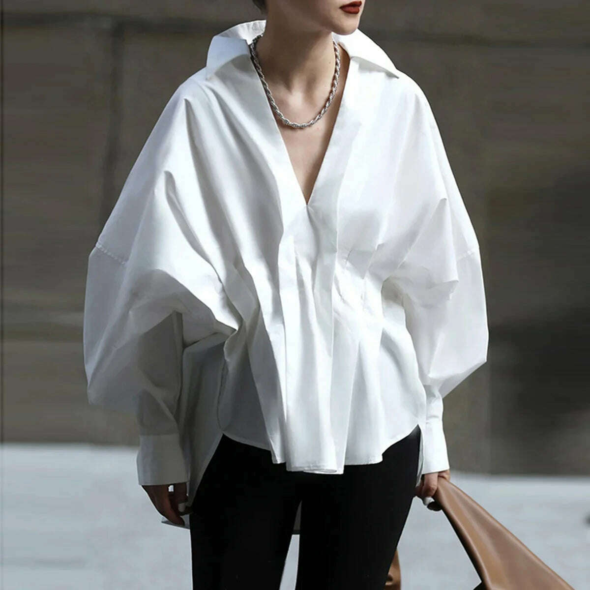 Yeezzi Fashion Pleated White Blouses Female Casual V-neck Long Sleeves Loose Lapel Collar Shirt Tops For Women 2023 New - KIMLUD