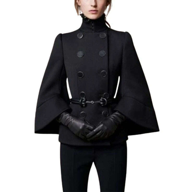 KIMLUD, Yeezzi Female England Style Buttoned Solid Color High Neck Jackets Coats 2024 New Spring Autumn Flared Sleeves Elegant Outerwear, BLACK / M, KIMLUD APPAREL - Womens Clothes