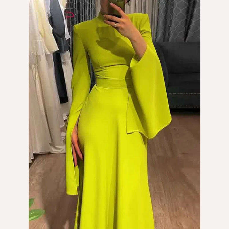 KIMLUD, Yeezzi Female Fashion Ruffle Sleeves Solid Color High-Neck Party Evening A-Line Dress 2024 New Spring Summer Casual Maxi Dresses, Yellow Green / S, KIMLUD APPAREL - Womens Clothes