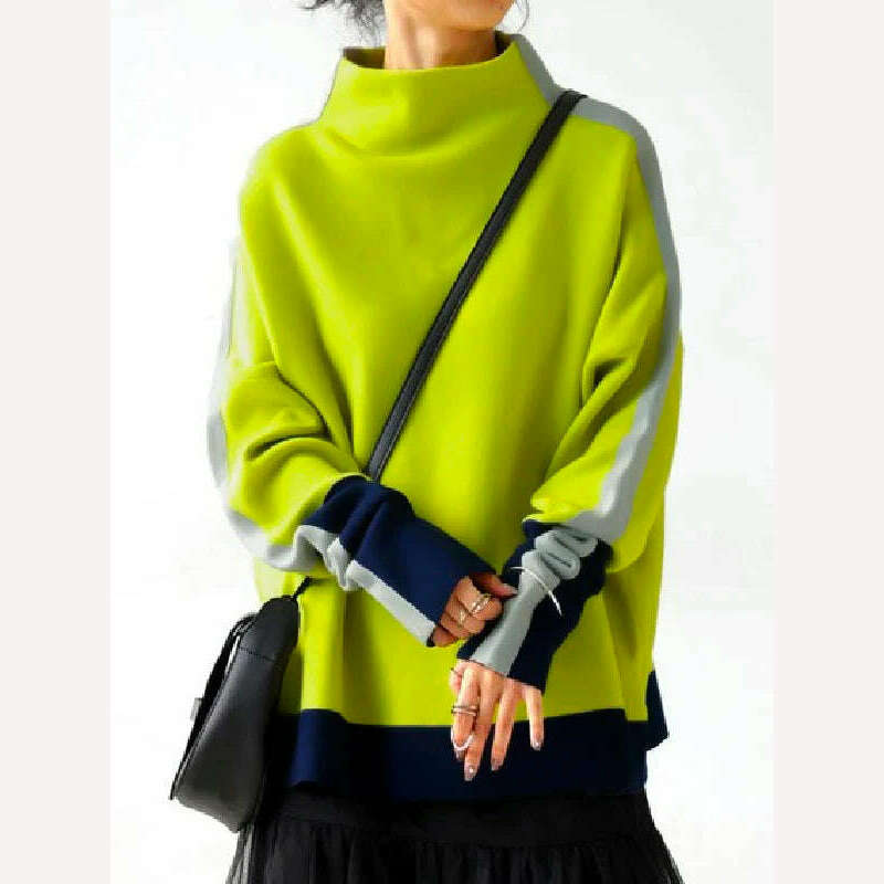 KIMLUD, Yeezzi Female Trendy Contrast Color High Neck Hoodless Pullovers Tops 2023 New Spring Autumn Long Sleeves Casual Sweatshirts, FLUORESCENT GREEN / S, KIMLUD APPAREL - Womens Clothes