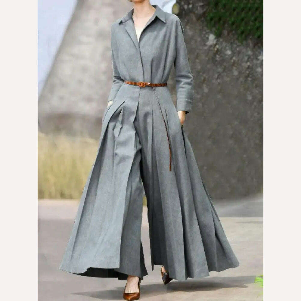 Yeezzi Urban Female Long Sleeves Lapel Wide Leg Pleated Jumpsuits 2023 New Spring Autumn Casual Office Elegant One Piece Outfits - KIMLUD