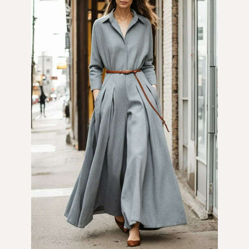 KIMLUD, Yeezzi Urban Female Long Sleeves Lapel Wide Leg Pleated Jumpsuits 2023 New Spring Autumn Casual Office Elegant One Piece Outfits, GRAY / S, KIMLUD APPAREL - Womens Clothes