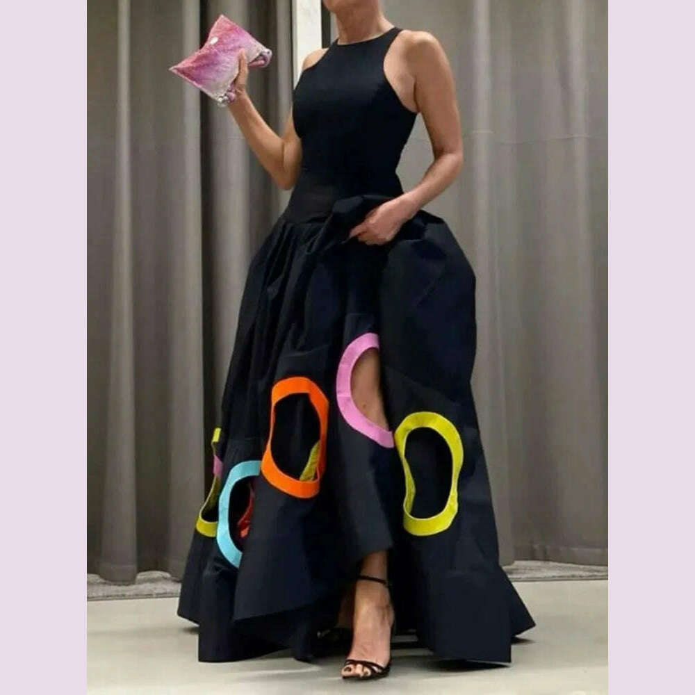 Yeezzi Women Fashion Colorful Printed Hollow Pleated A-line Dress 2024 New Summer Sleeveless Party Prom Evening Maxi Dresses - KIMLUD