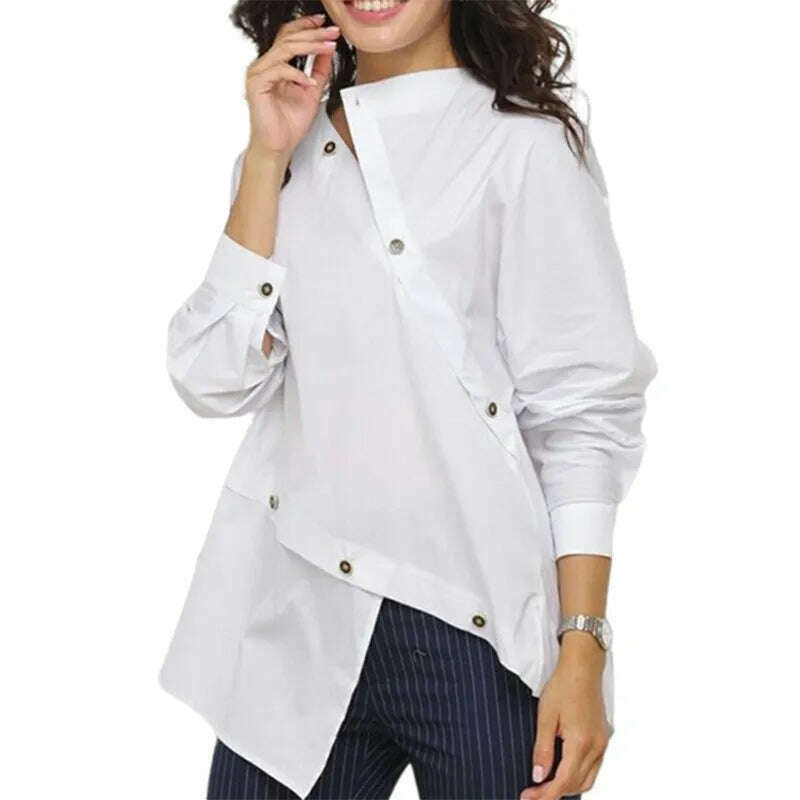 KIMLUD, Yeezzi Women Korean Fashion Buttoned Asymmetric Split-Front Blouses 2023 Spring Autumn Long Sleeves Causal White Shirts Tops, WHITE / S, KIMLUD APPAREL - Womens Clothes